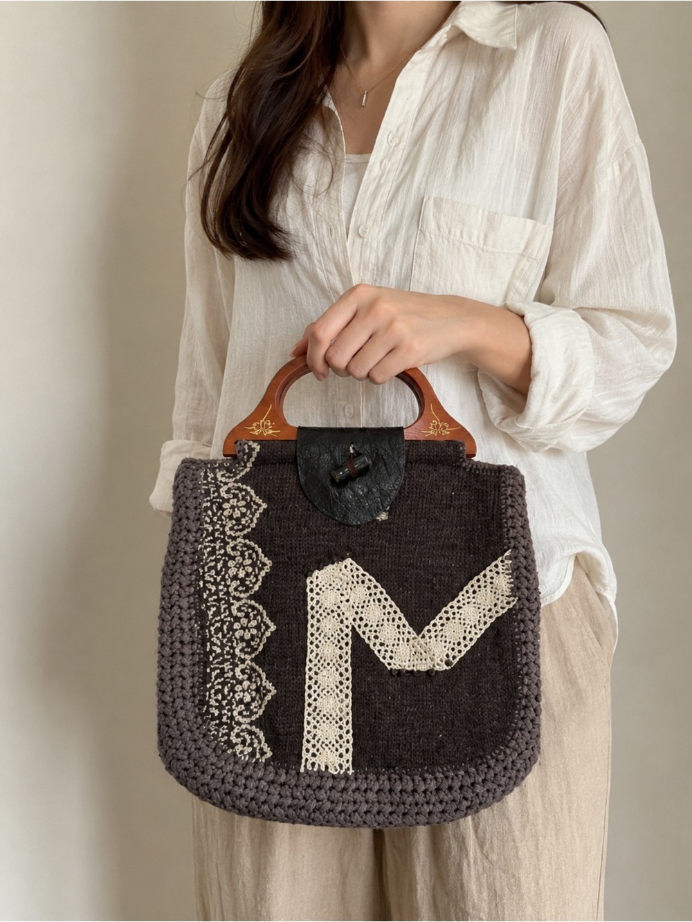 Knitting Women's Bag with Lace Detail Handmade Handbag